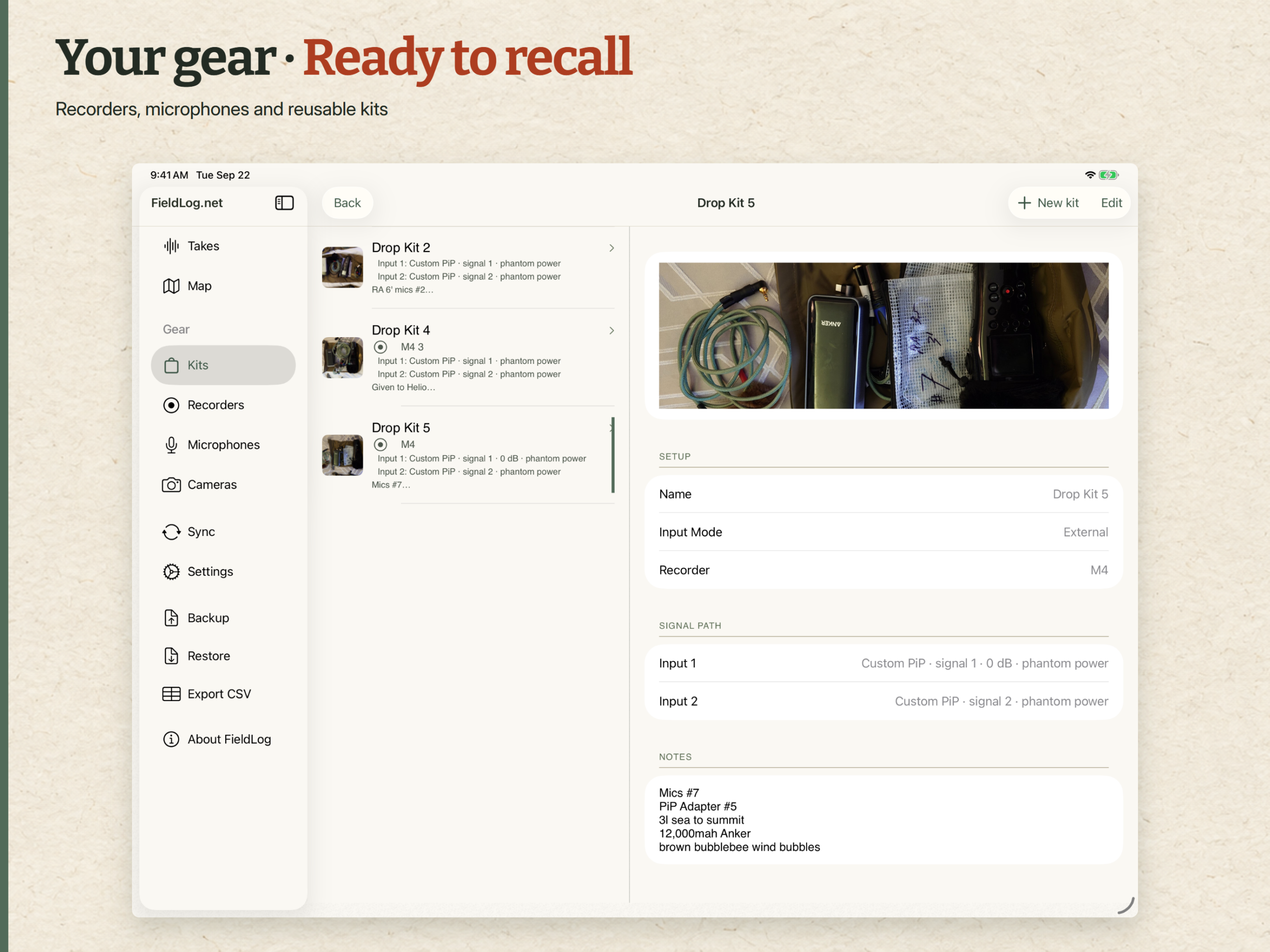 FieldLog on iPad showing a drop kit photograph, recorder, input assignments and setup notes