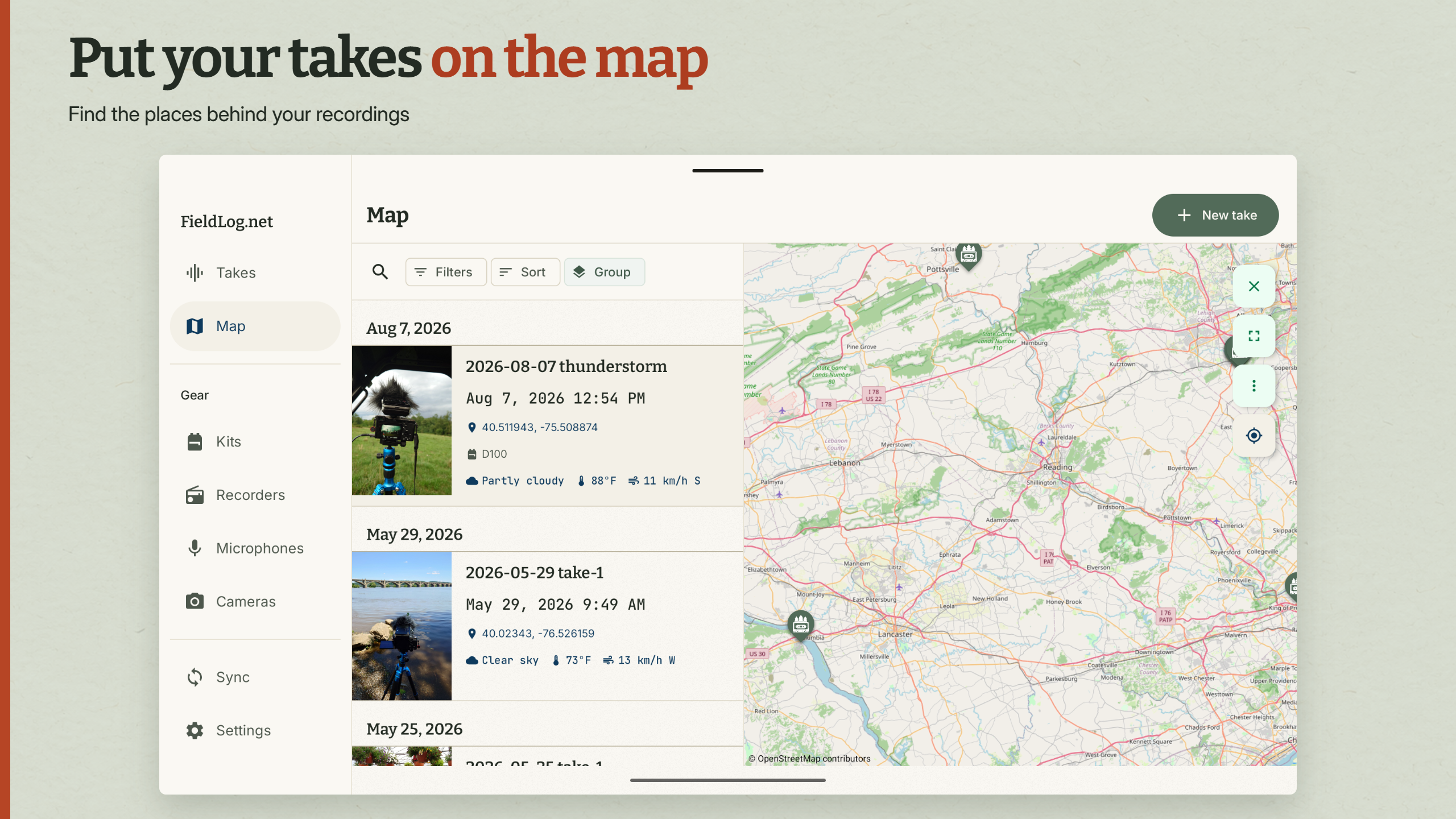 FieldLog take list beside a map with recording locations on an Android tablet