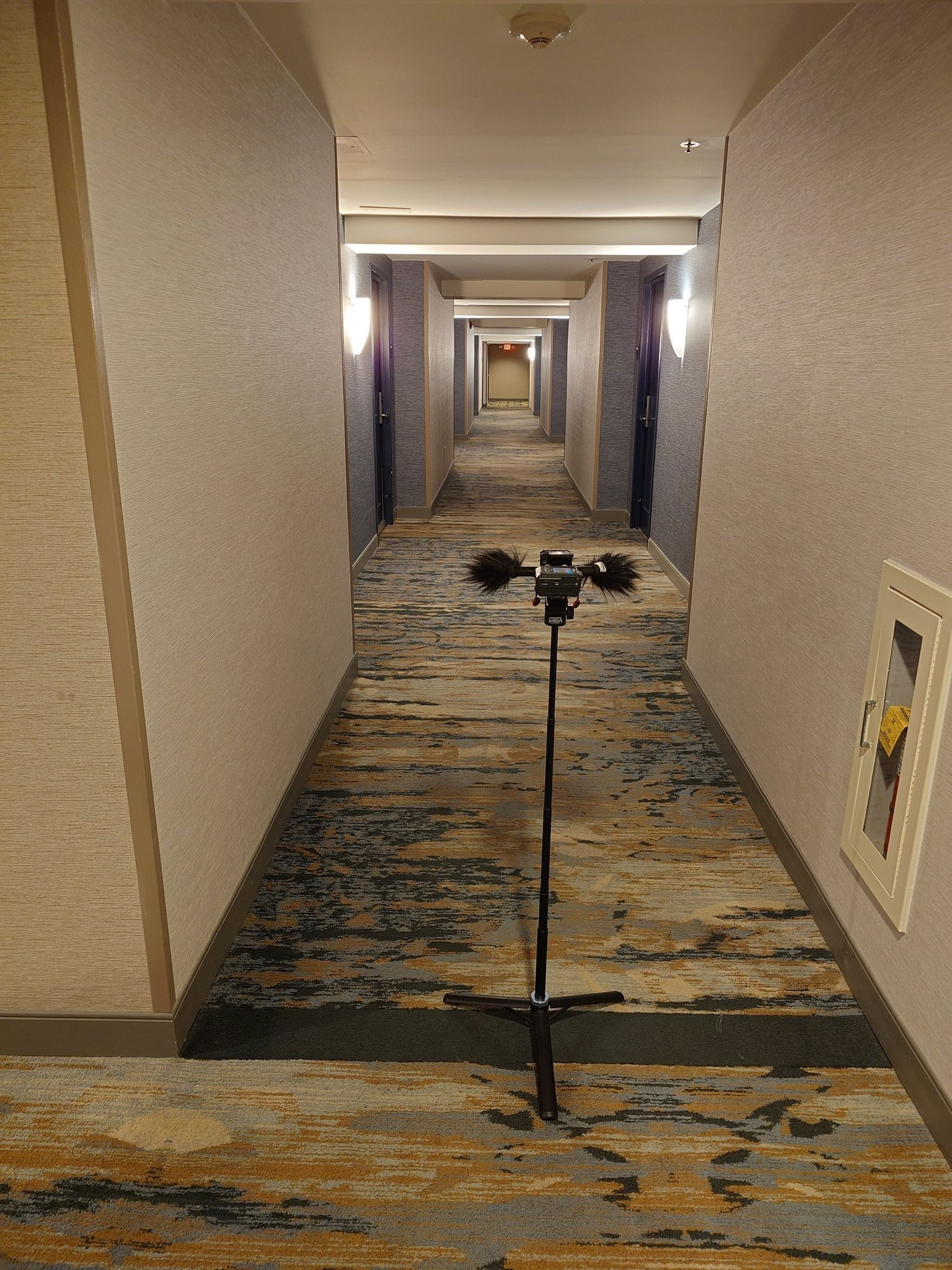 Tascam FR-AV2 with two microphones and furry wind protection on a compact stand in a hotel corridor