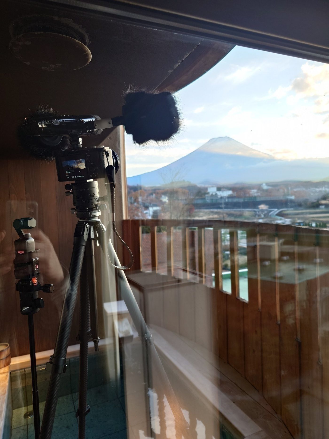 Field recording rig overlooking Fujisan at first light